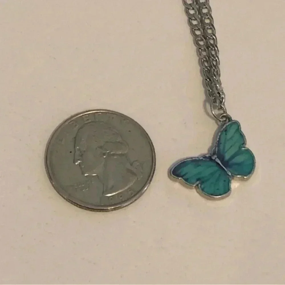 Blue Enamel Silver Butterfly Prairie Cottagecore Necklace NWT